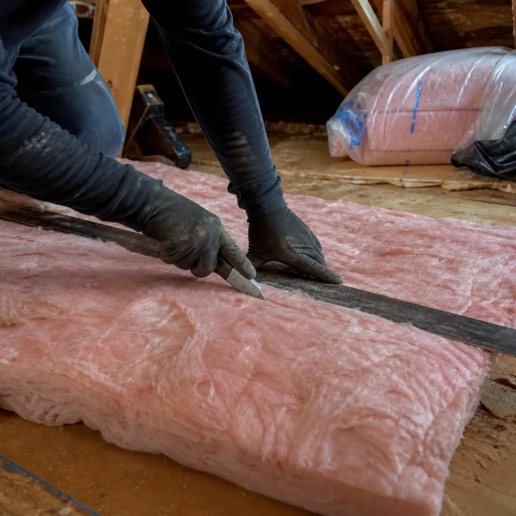 Professional cutting pink fiberglass attic insulation with a utility knife
