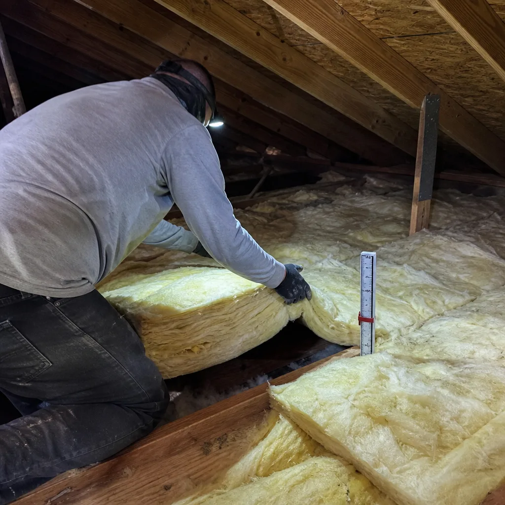 Technician installing fiberglass batt insulation in an attic