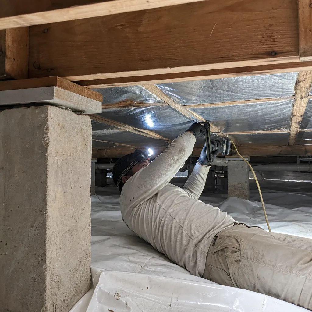 Technician installing vapor barrier insulation in a crawl space