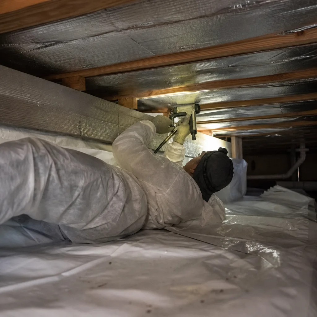 Technician performing professional crawl space encapsulation and vapor barrier installation.