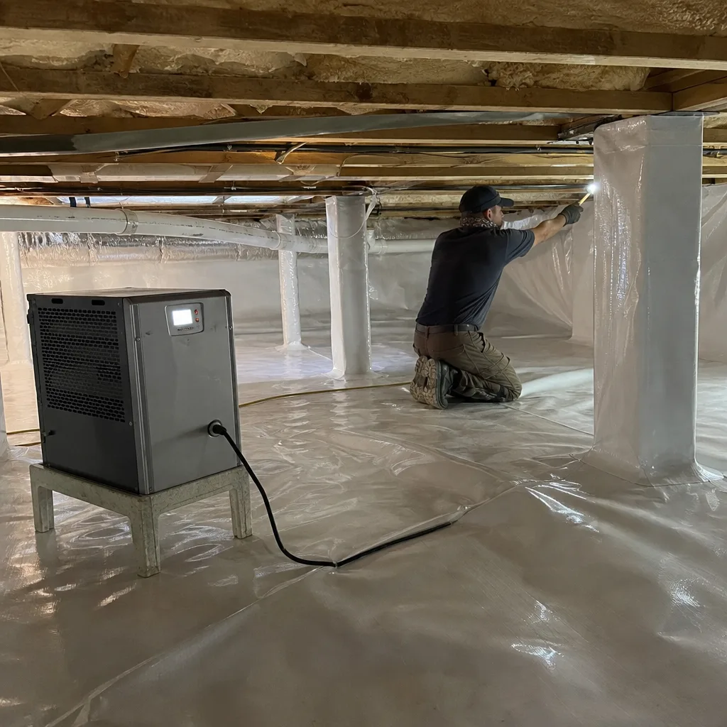 Technician performing professional crawl space encapsulation with a dehumidifier