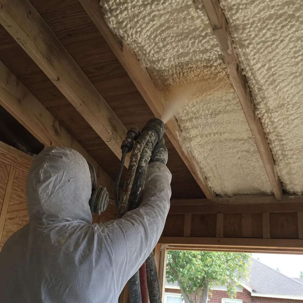 Professional contractor applying spray foam insulation to ceiling rafters.