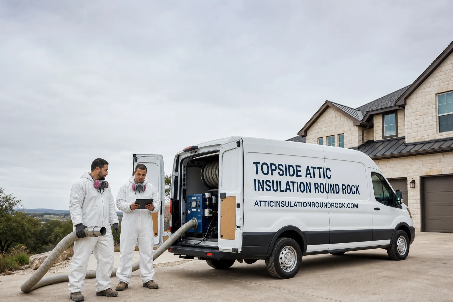 Topside Attic Insulation Round Rock insulation service vehicle and crew in Round Rock, TX